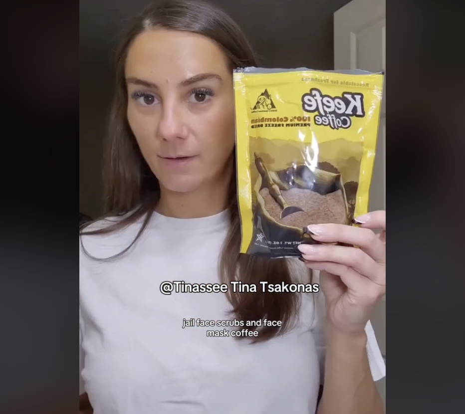 Woman in a TikTok video holding instant coffee bag
